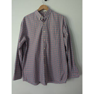 LL Bean Mens Large Plaid Button Down Shirt Red White Blue Wrinkle Resistant L